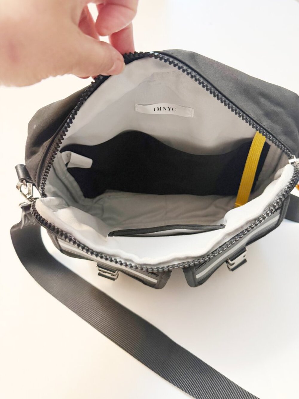 IMNYC Isaac Mizrahi Black Nylon Utility Crossbody Bag - Reflective Silver Stripe - Picture 4 of 8
